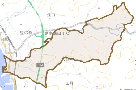 大帷子とその周辺の地図。町の範囲を重ねている
