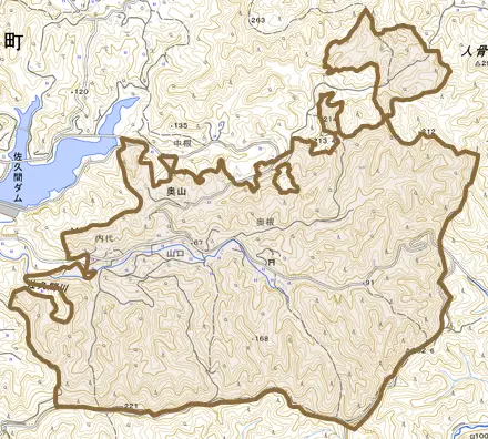 奥山とその周辺の地図。町の範囲を重ねている