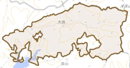 大崩とその周辺の地図。町の範囲を重ねている