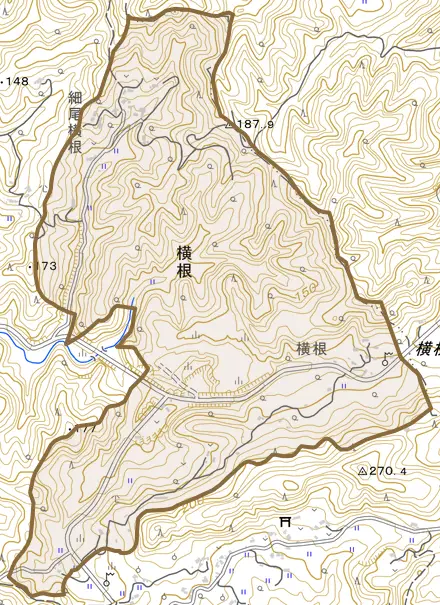 横根とその周辺の地図。町の範囲を重ねている
