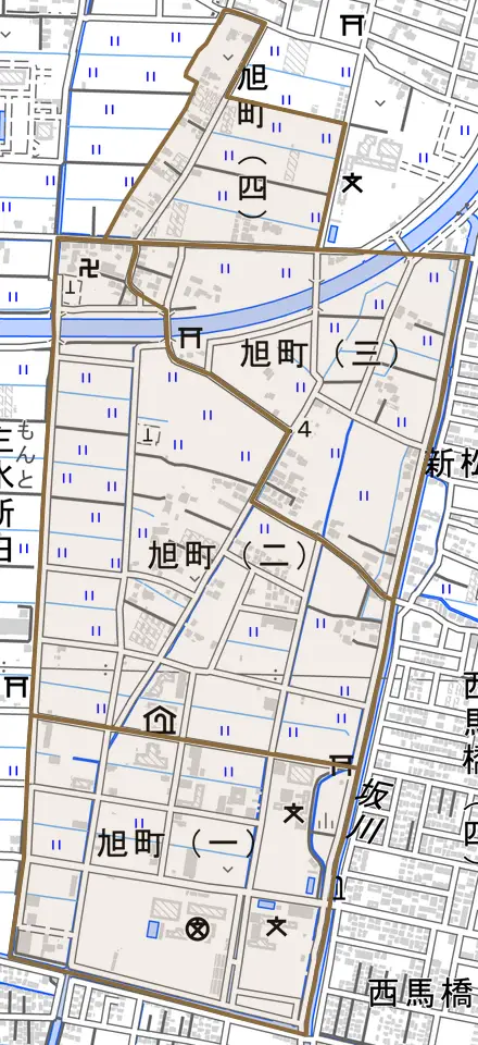 旭町とその周辺の地図。町の範囲を重ねている