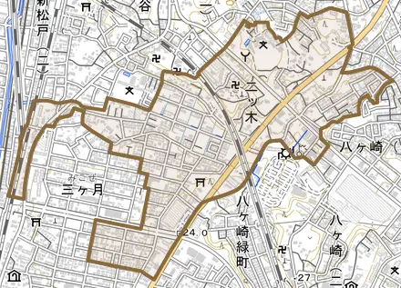 二ツ木とその周辺の地図。町の範囲を重ねている