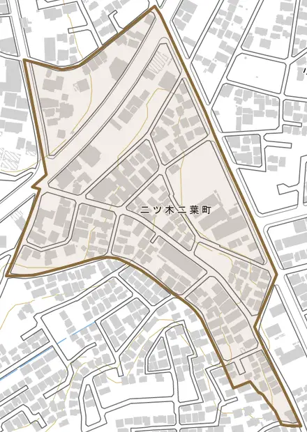 二ツ木二葉町とその周辺の地図。町の範囲を重ねている