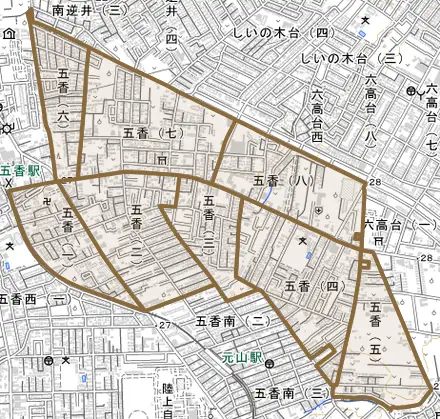 五香とその周辺の地図。町の範囲を重ねている