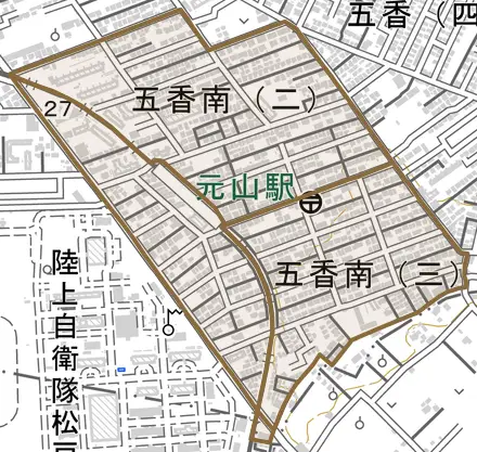 五香南とその周辺の地図。町の範囲を重ねている