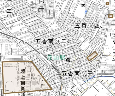 五香六実とその周辺の地図。町の範囲を重ねている