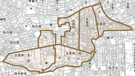 五香西とその周辺の地図。町の範囲を重ねている