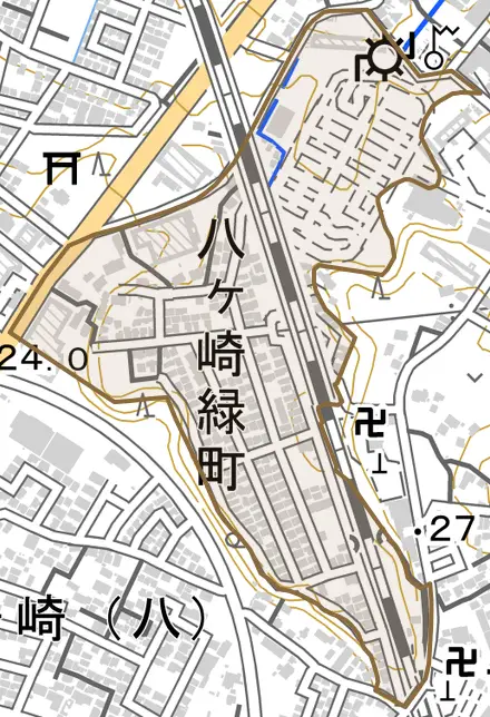 八ケ崎緑町とその周辺の地図。町の範囲を重ねている