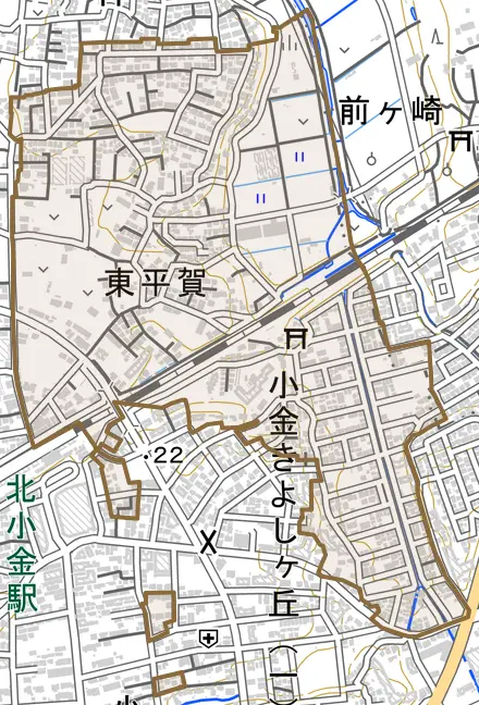 東平賀とその周辺の地図。町の範囲を重ねている
