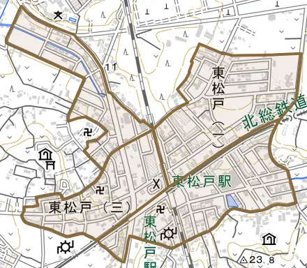 東松戸とその周辺の地図。町の範囲を重ねている
