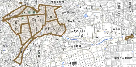 日暮とその周辺の地図。町の範囲を重ねている