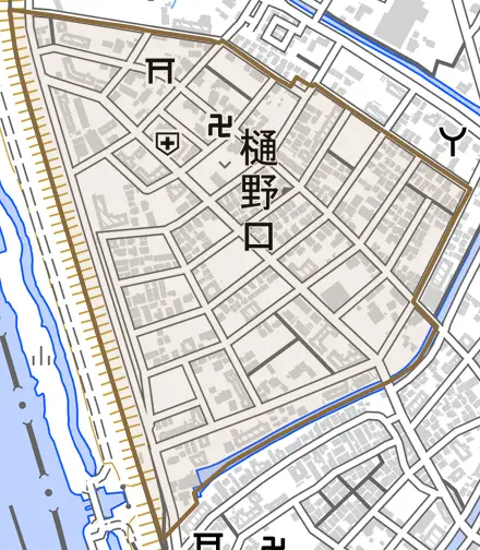 樋野口とその周辺の地図。町の範囲を重ねている