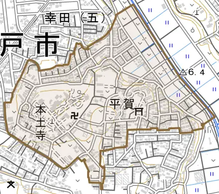 平賀とその周辺の地図。町の範囲を重ねている