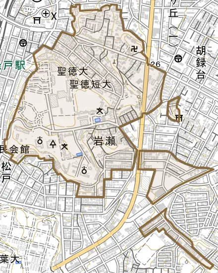 岩瀬とその周辺の地図。町の範囲を重ねている