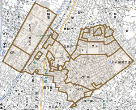 上本郷とその周辺の地図。町の範囲を重ねている