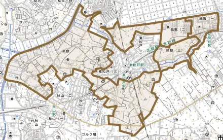 紙敷とその周辺の地図。町の範囲を重ねている