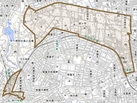 金ケ作とその周辺の地図。町の範囲を重ねている
