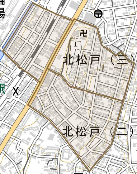 北松戸とその周辺の地図。町の範囲を重ねている