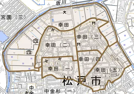 幸田とその周辺の地図。町の範囲を重ねている