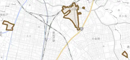 小金とその周辺の地図。町の範囲を重ねている