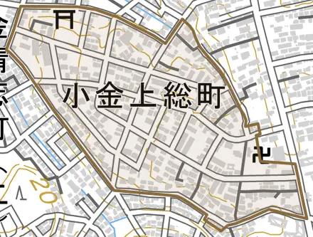 小金上総町とその周辺の地図。町の範囲を重ねている
