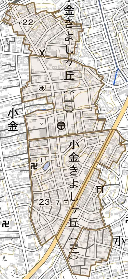 小金きよしケ丘とその周辺の地図。町の範囲を重ねている