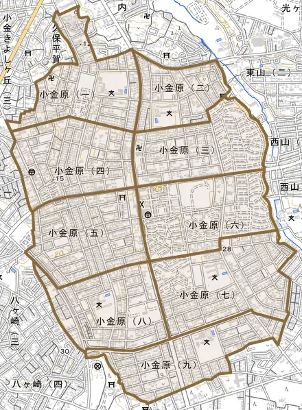 小金原とその周辺の地図。町の範囲を重ねている