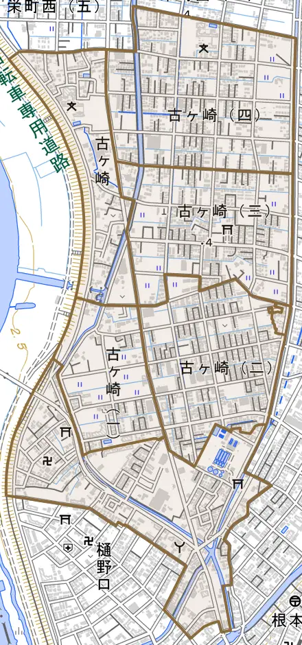 古ケ崎とその周辺の地図。町の範囲を重ねている
