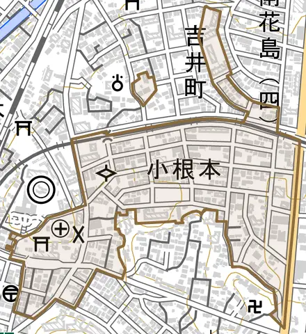 小根本とその周辺の地図。町の範囲を重ねている