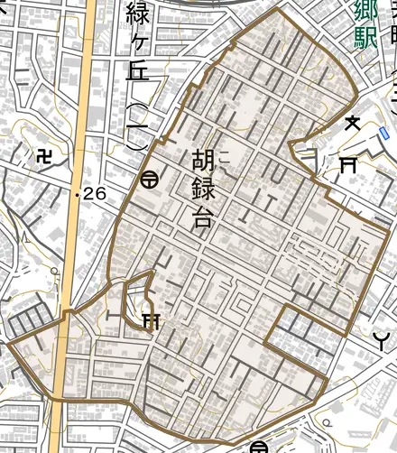 胡録台とその周辺の地図。町の範囲を重ねている