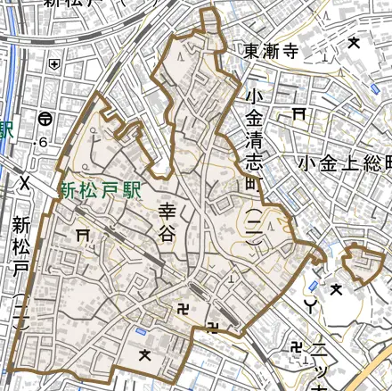 幸谷とその周辺の地図。町の範囲を重ねている