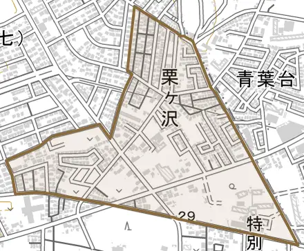 栗ケ沢とその周辺の地図。町の範囲を重ねている
