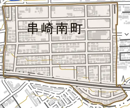 串崎南町とその周辺の地図。町の範囲を重ねている