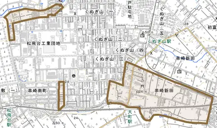 串崎新田とその周辺の地図。町の範囲を重ねている
