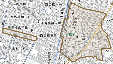 馬橋とその周辺の地図。町の範囲を重ねている