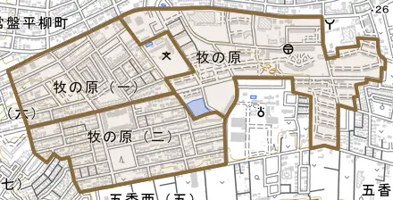 牧の原とその周辺の地図。町の範囲を重ねている