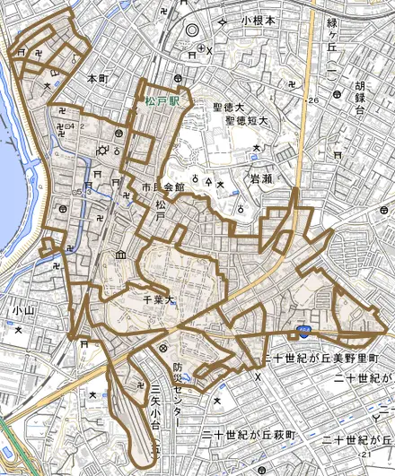 松戸とその周辺の地図。町の範囲を重ねている