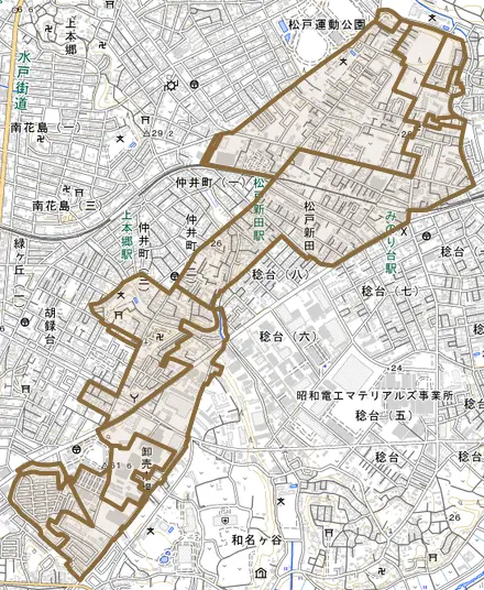 松戸新田とその周辺の地図。町の範囲を重ねている