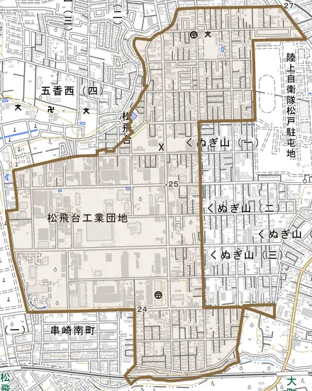 松飛台とその周辺の地図。町の範囲を重ねている