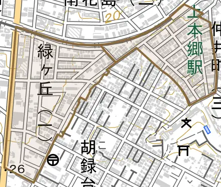 緑ケ丘とその周辺の地図。町の範囲を重ねている