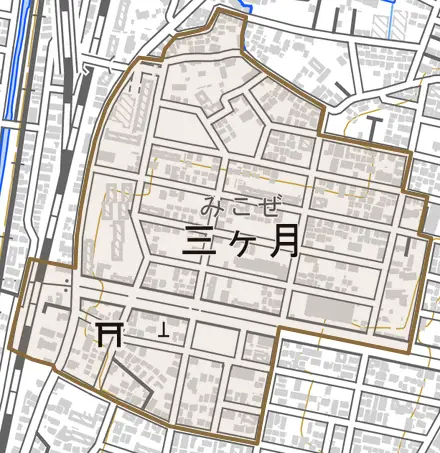 三ケ月とその周辺の地図。町の範囲を重ねている