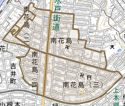 南花島とその周辺の地図。町の範囲を重ねている