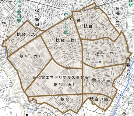 稔台とその周辺の地図。町の範囲を重ねている