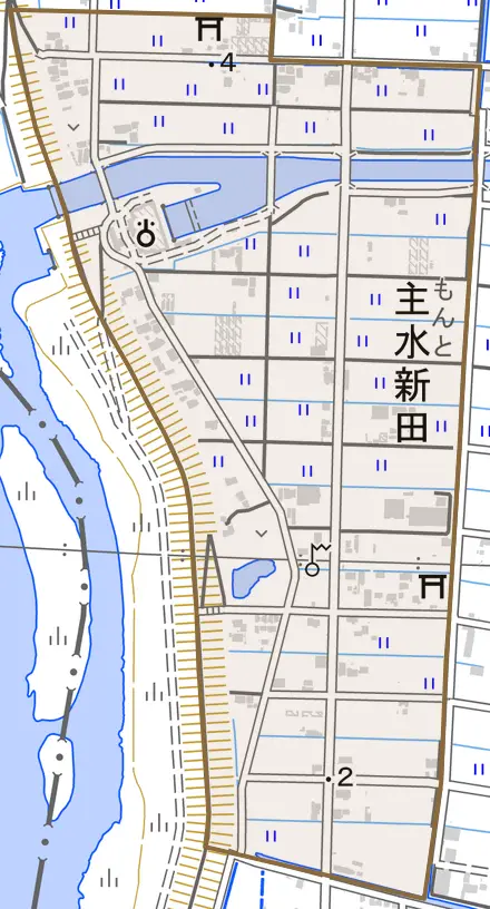 主水新田とその周辺の地図。町の範囲を重ねている