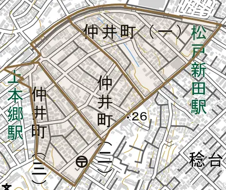 仲井町とその周辺の地図。町の範囲を重ねている