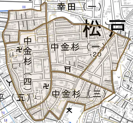 中金杉とその周辺の地図。町の範囲を重ねている
