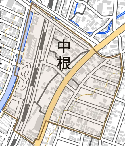 中根とその周辺の地図。町の範囲を重ねている
