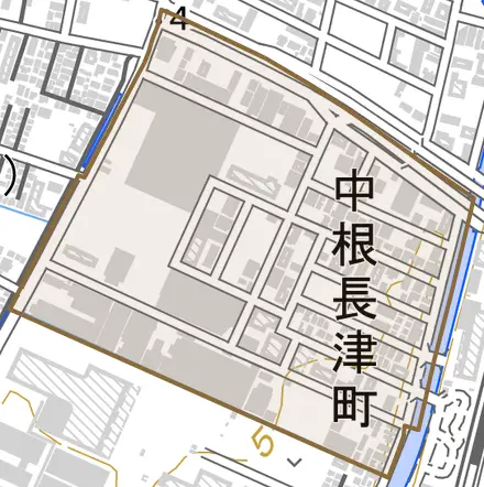 中根長津町とその周辺の地図。町の範囲を重ねている