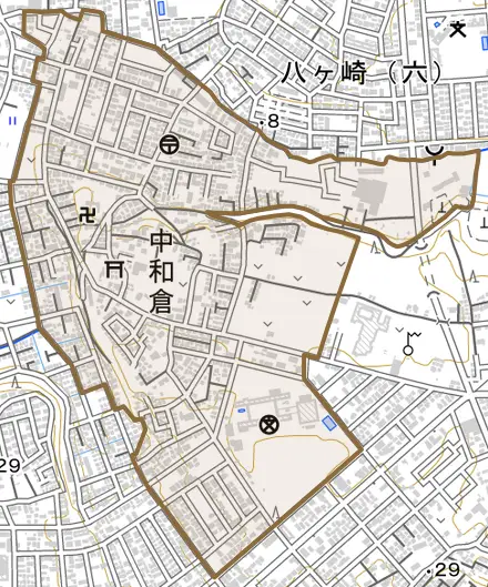 中和倉とその周辺の地図。町の範囲を重ねている