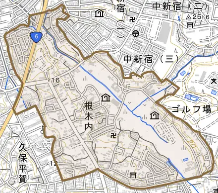 根木内とその周辺の地図。町の範囲を重ねている